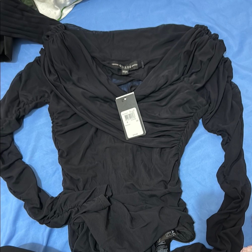 Bebe Black Ruched Asymmetrical Bodysuit